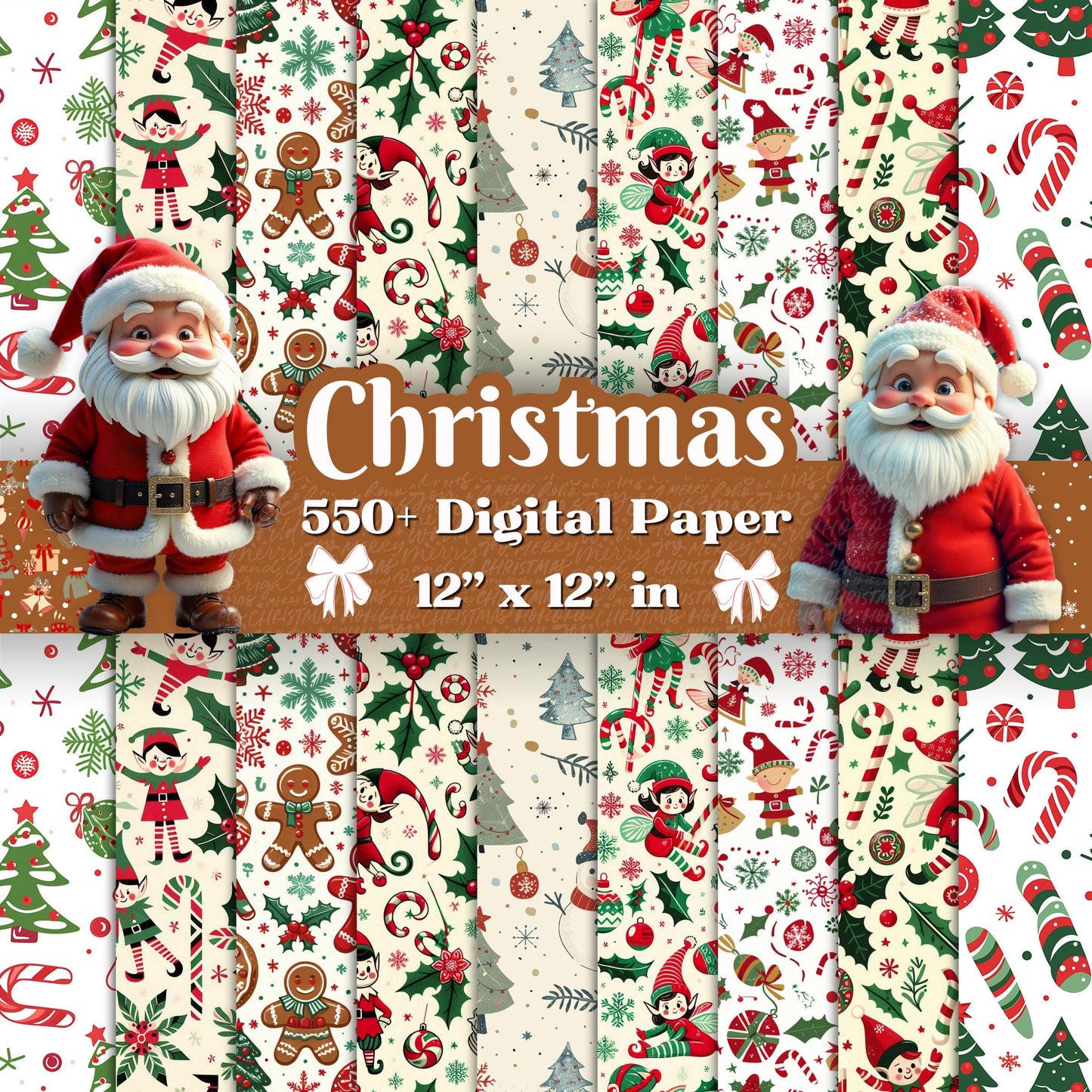 550+ Christmas Digital Paper Bundle - 12x12 Festive Designs. Elves, Candy Canes, Holiday Trees, Perfect for Crafts, Scrapbooking & DIY