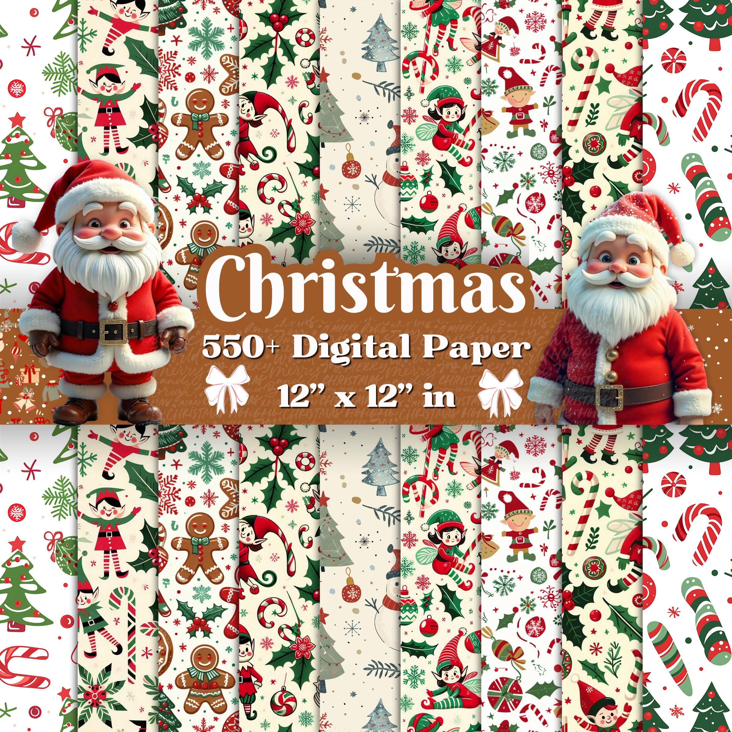 550+ Christmas Digital Paper Bundle - 12x12 Festive Designs. Elves, Candy Canes, Holiday Trees, Perfect for Crafts, Scrapbooking & DIY