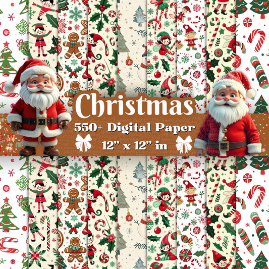 550+ Christmas Digital Paper Bundle - 12x12 Festive Designs. Elves, Candy Canes, Holiday Trees, Perfect for Crafts, Scrapbooking & DIY