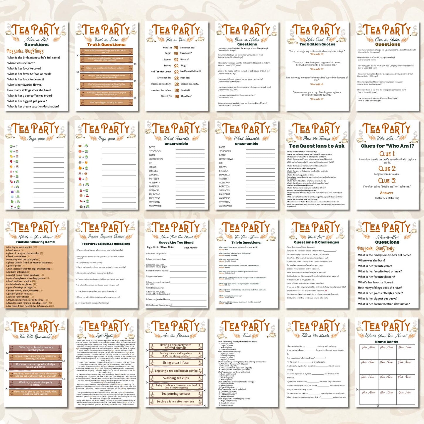 Tea Party Games Bundle | 40+ Fun Printable Activities for Bridal Shower, Baby Shower, Birthday, Mother's Day & Kids Party | Office Party Fun