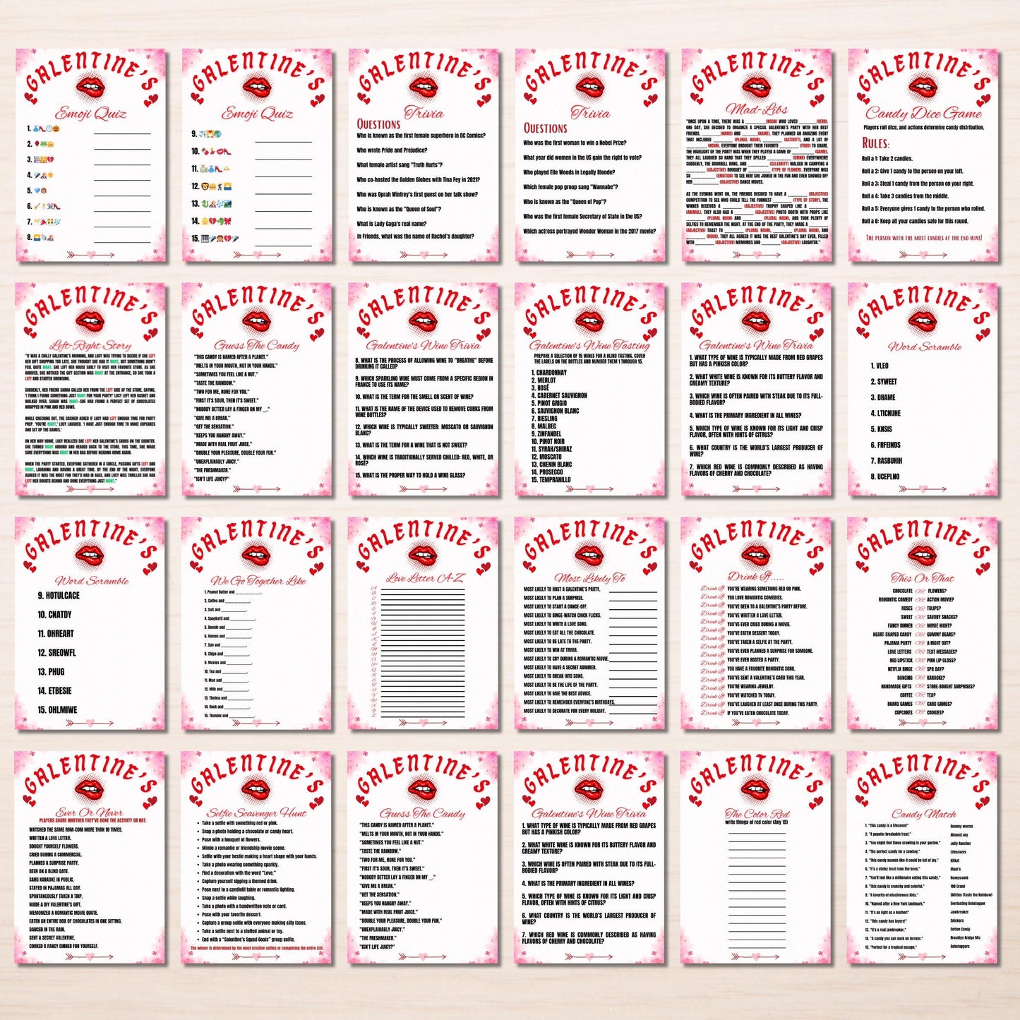 Galentines Day Games Printable Adult Galentine's Day Party Bundle Ladies Night Game Ideas Girls Night In Games Bundle Red Galentine Day