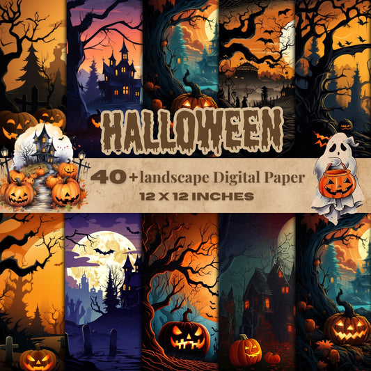 Halloween Digital Paper Bundle 12x12 – 40+ Seamless Landscape Backgrounds, Haunted House & Pumpkin Scenes, Scrapbook Paper, Instant Download