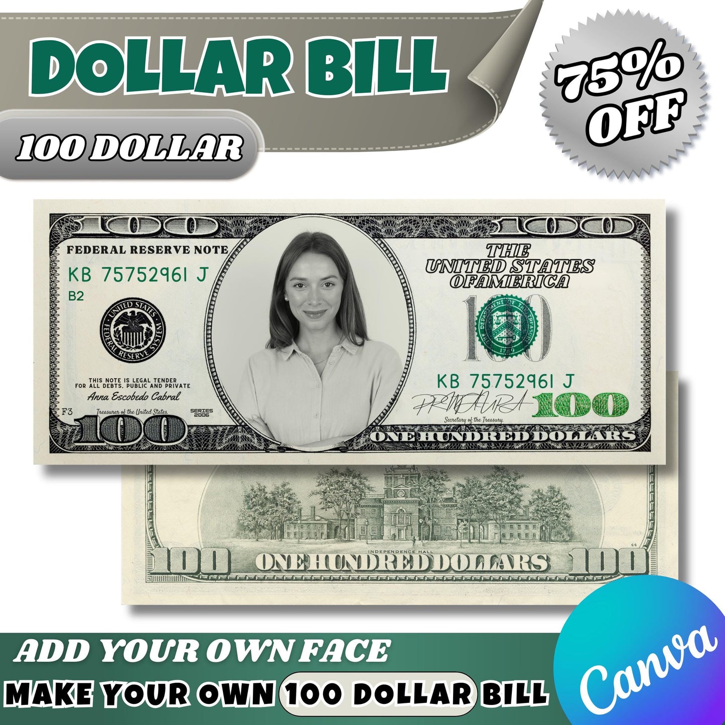 Custom 100 Dollar Bill Canva Template | Add Your Face & Text | Funny Editable Gift | Printable Money Prop for Birthday, Graduation | More