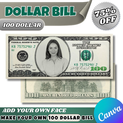 Custom 100 Dollar Bill Canva Template | Add Your Face & Text | Funny Editable Gift | Printable Money Prop for Birthday, Graduation | More