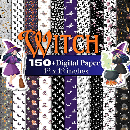 Halloween Witch Digital Paper Bundle – 150+ Seamless 12x12 Patterns, Bats/Brooms/Cauldron/Pumpkin Backgrounds for Scrapbooking & Sublimation