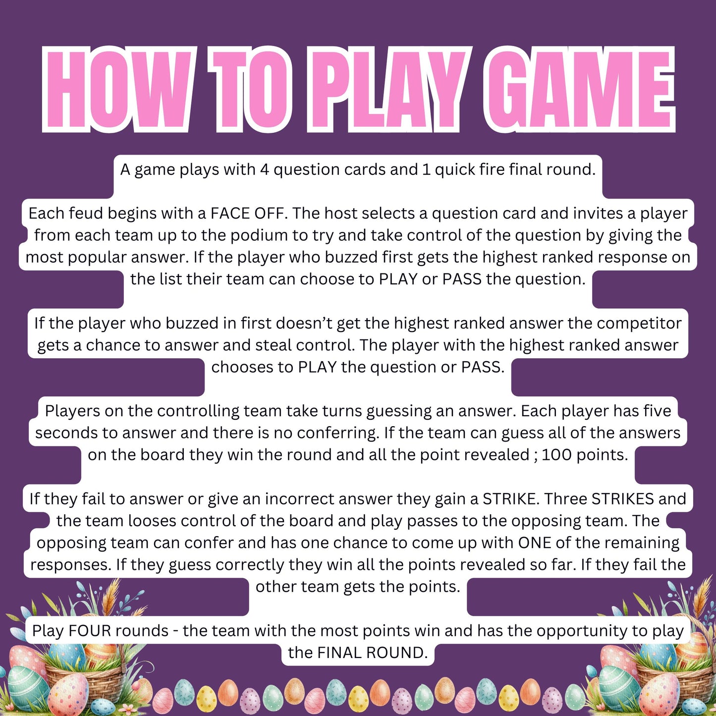 Easter Family Feud Game | 100+ Printable Cards | Fun Easter Trivia for Kids | Adults | A4 & US Letter | Scoreboard and Strike Cards Included