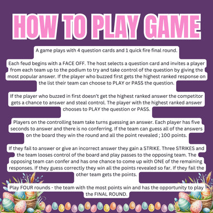 Easter Family Feud Game | 100+ Printable Cards | Fun Easter Trivia for Kids | Adults | A4 & US Letter | Scoreboard and Strike Cards Included