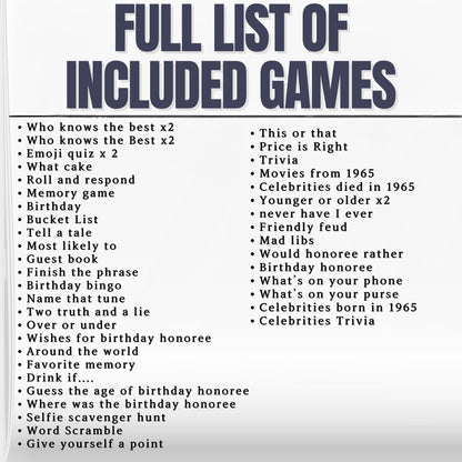 60th Birthday Games Bundle, Born in 1965 Party Games, Fun Printable Activities for Adults & Family, 60th Celebration Trivia and Icebreakers