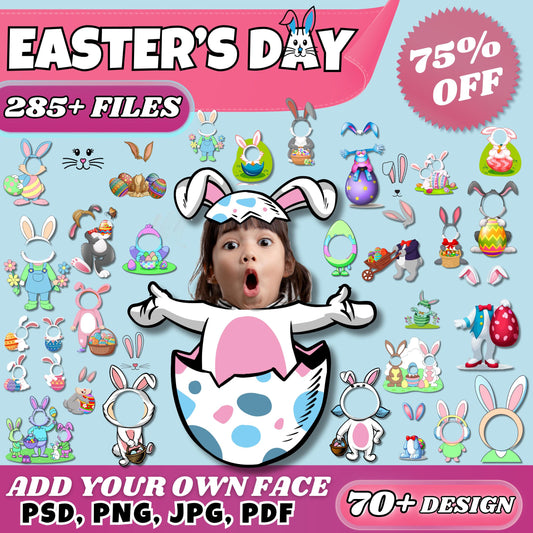 Easter Bunny Photo Frame Bundle | Add Your Own Face | 285+ PNG Files | Easter Clipart | Sublimation & DIY Crafts | PSD, Jpg, Pdf Included