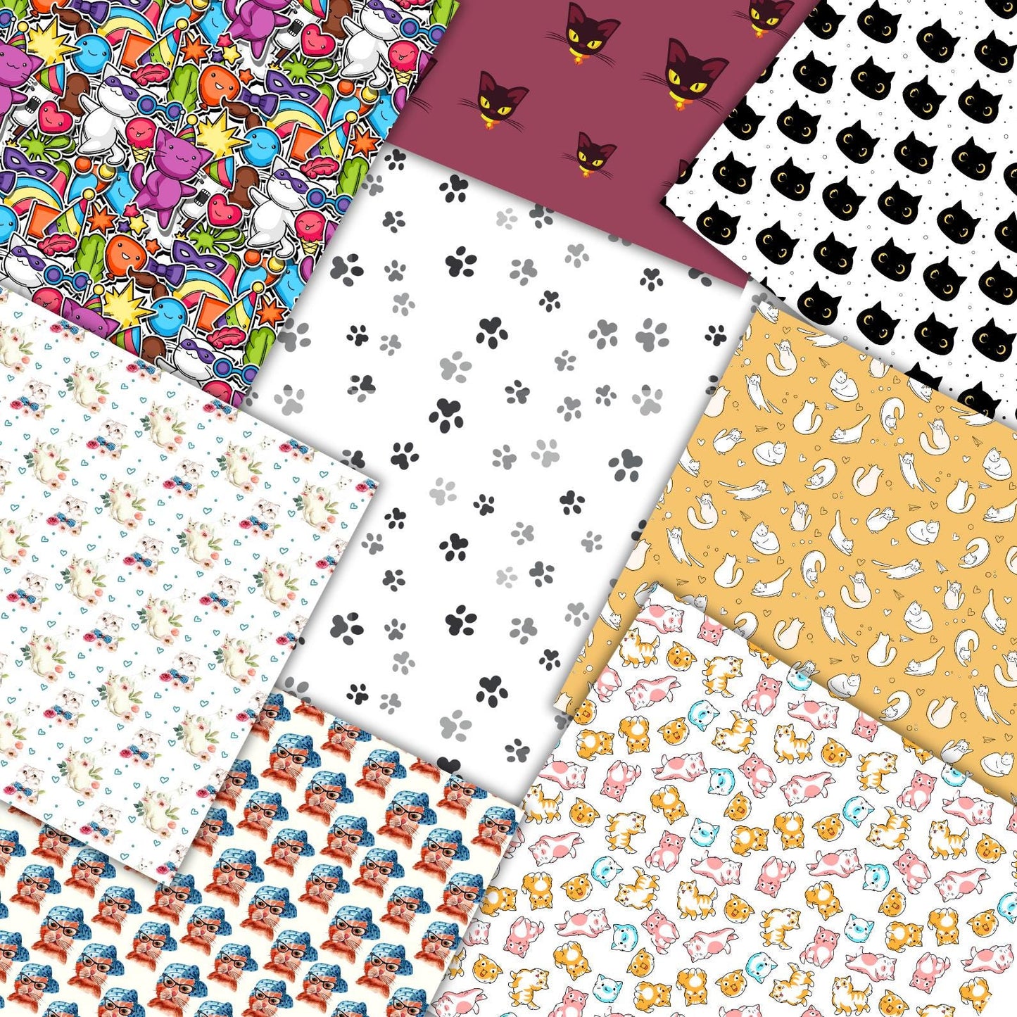 Cute Cat Digital Paper Bundle 12x12, 170+ Seamless Kawaii Cat & Paw Print Patterns, Scrapbook Paper, Printable Backgrounds, Instant Download
