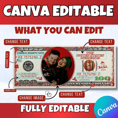 Printable Editable Canva Christmas Dollar Bill Template  Add Your Face or Photo to Holiday Money Instant Digital Download for Christmas gift