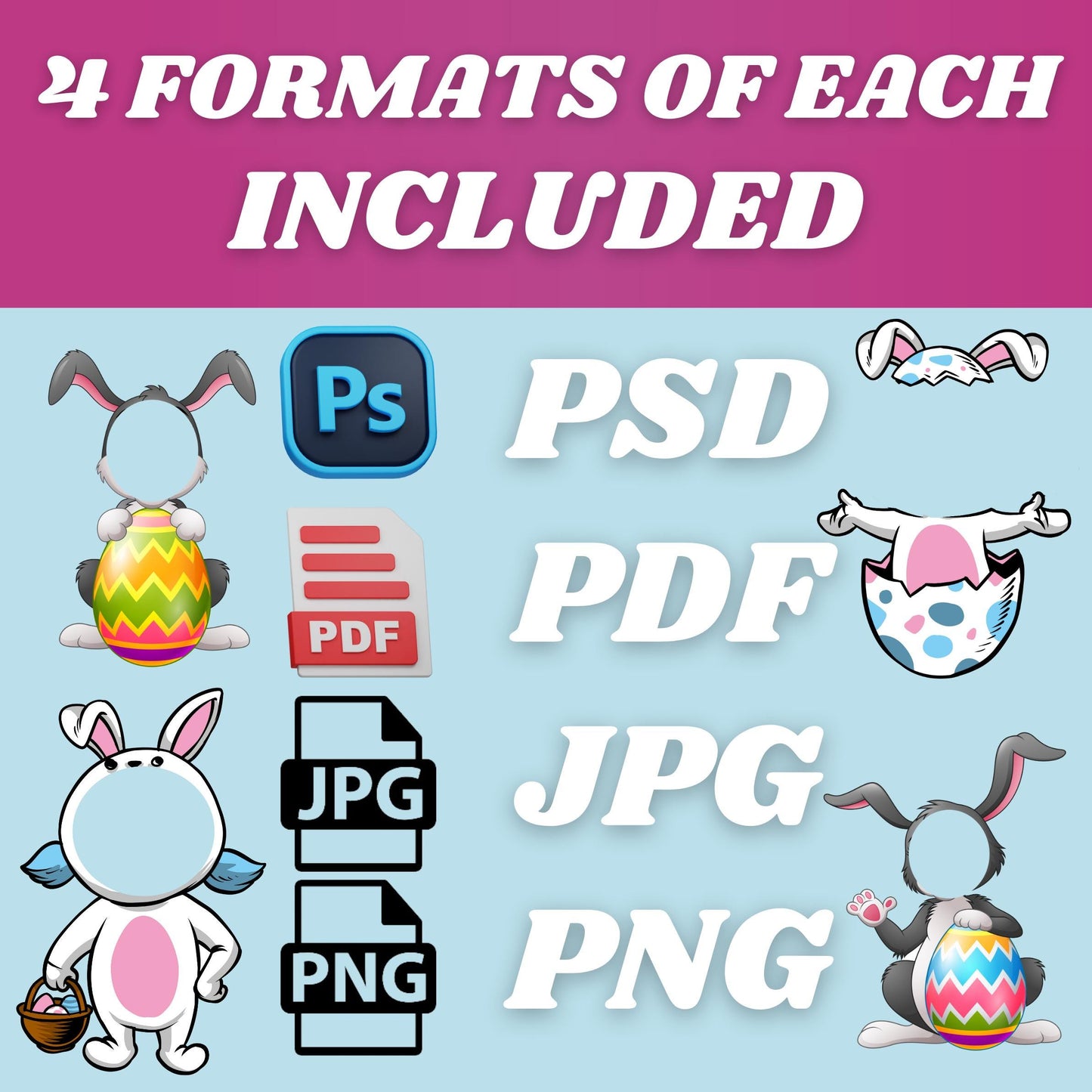 Easter Bunny Photo Frame Bundle | Add Your Own Face | 285+ PNG Files | Easter Clipart | Sublimation & DIY Crafts | PSD, Jpg, Pdf Included