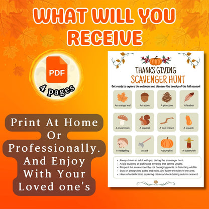 Thanksgiving Scavenger Hunt, Indoor & Outdoor Treasure Hunt, Scavenger Hunt For Kids Adults and Teens, Party Game Pdf, Instant Download
