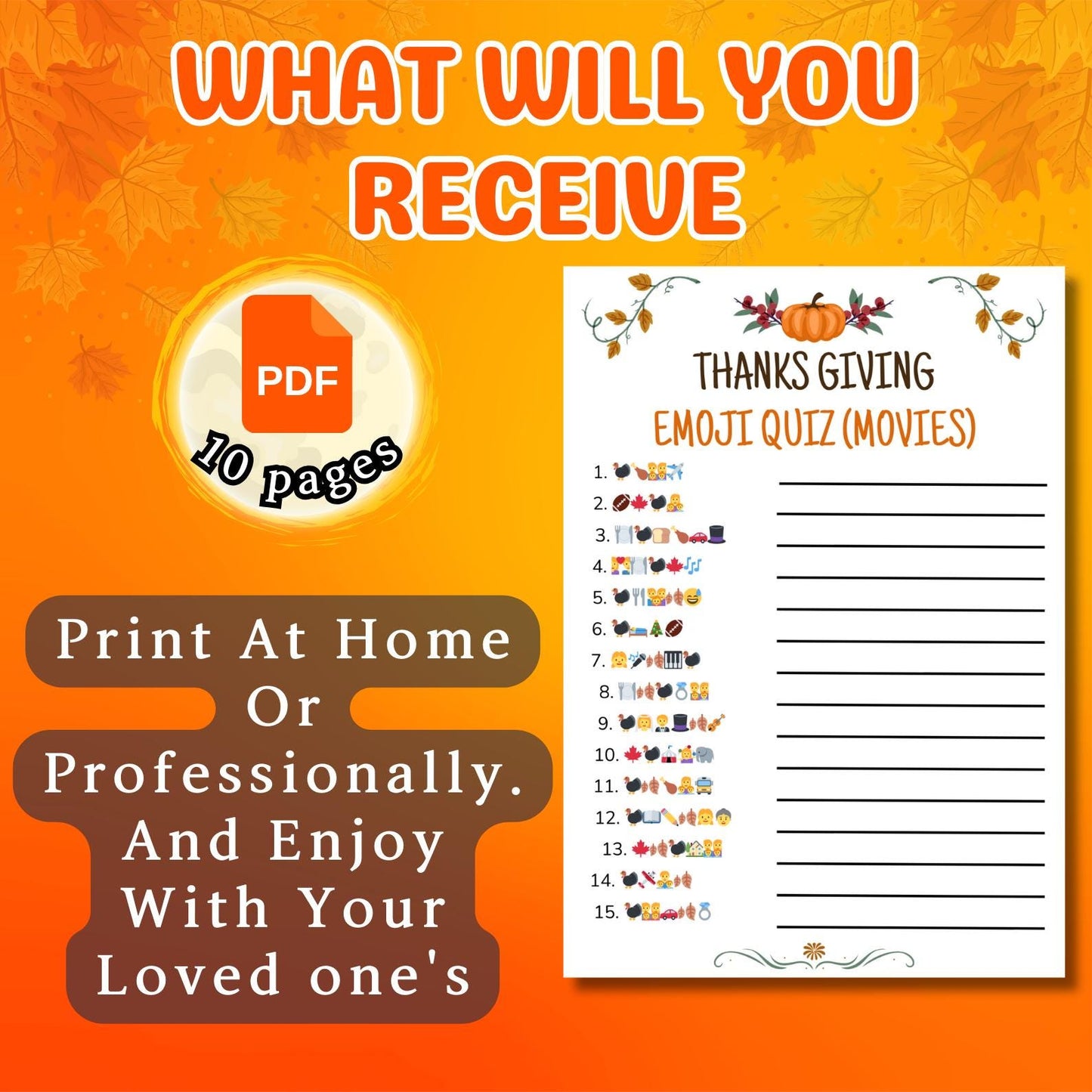 Thanksgiving Emoji Game, Printable Thanksgiving Game For Kids Adults Family Dinner Table Activity, Fun Party Trivia, Friendsgiving Game Pdf