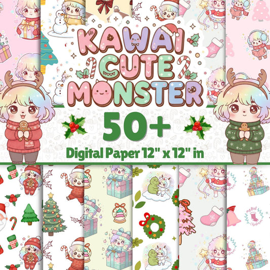 Kawaii Christmas Digital Paper Bundle – 50+ Seamless 12x12 Pastel Patterns, Cute Monster Printable Backgrounds for Scrapbook, Cards, Crafts