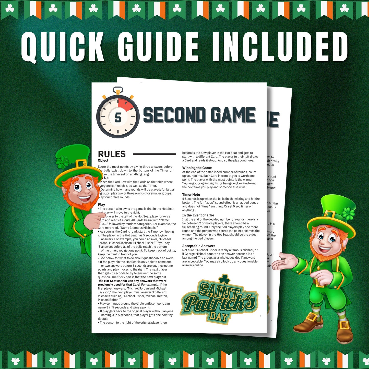 St. Patrick's Day 5 Second Challenge Game | 100+ Quick-Thinking Cards | Fun Party Game for Kids, Adults & Families, St. Paddy's Day Activity