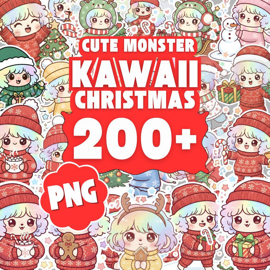 Kawaii Christmas Clipart Bundle – 200+ Cute PNGs for Sublimation, Stickers, Crafts, T-Shirts, Mugs, Cards, Planners & Holiday DIY Projects