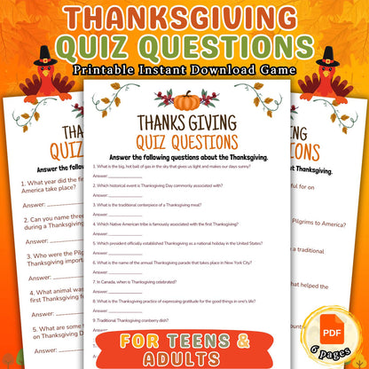 Thanksgiving Quiz, Adults Party Games, Friendsgiving Trivia Games, Thanksgiving Printable Pdf, Classroom Activity, Trivia Instant Download