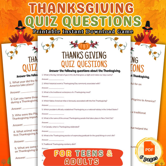 Thanksgiving Quiz, Adults Party Games, Friendsgiving Trivia Games, Thanksgiving Printable Pdf, Classroom Activity, Trivia Instant Download