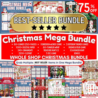 Christmas Mega Bundle, Printable Christmas For Kids & Adult, Christmas Party Games And Activities, Xmas Digital Paper, Clipart, Tumbler Wrap