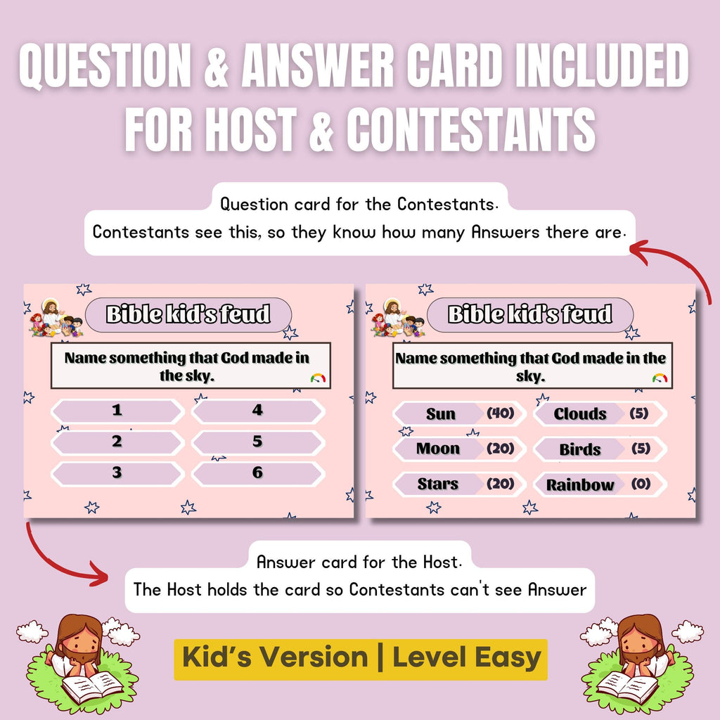 Bible Family Feud Game for Kids – Easy Level | 100+ Printable Bible Trivia Cards for Sunday School, Church | Homeschool | A4 & US Sizes PDF