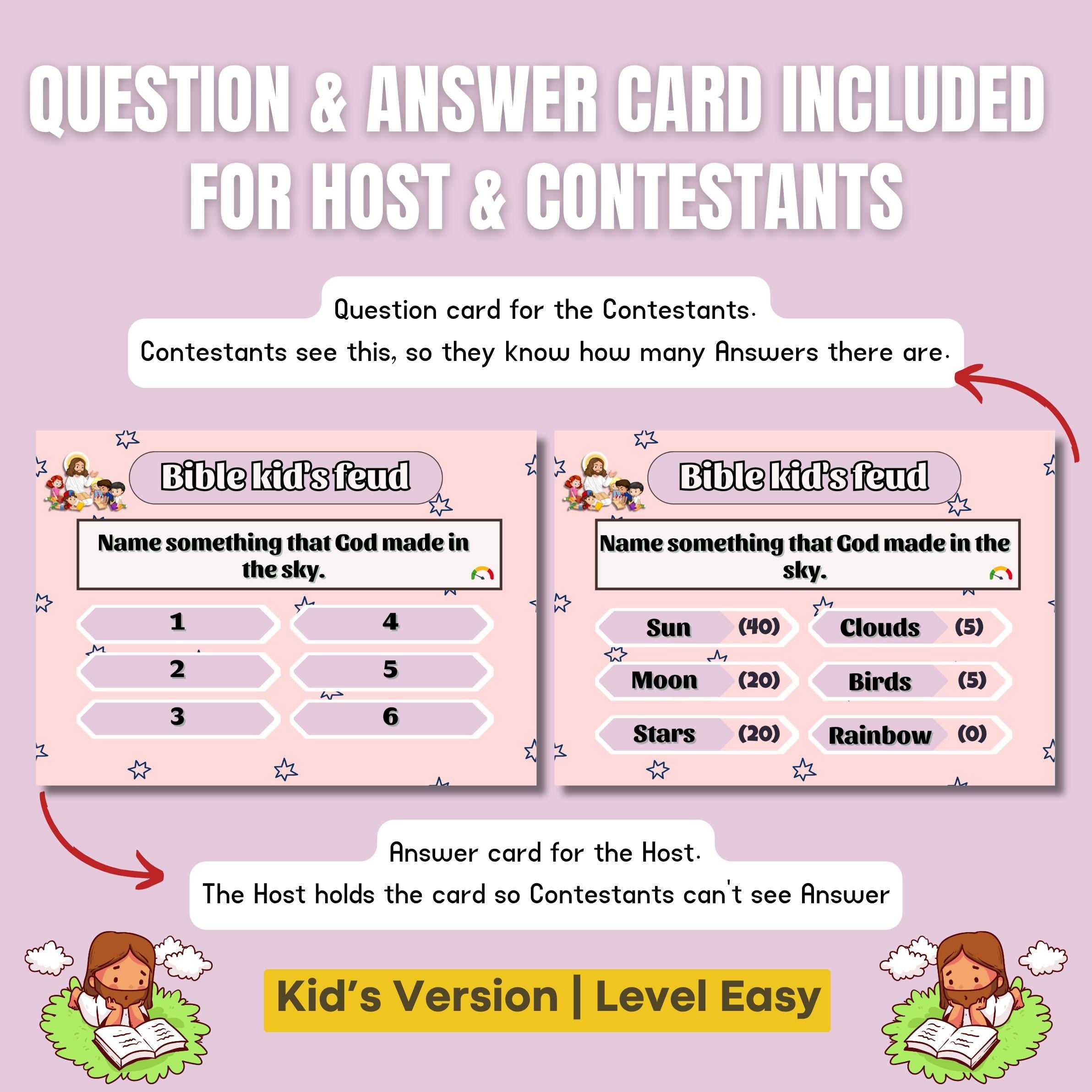 Bible Family Feud Game for Kids – Easy Level | 100+ Printable Bible Trivia Cards for Sunday School, Church | Homeschool | A4 & US Sizes PDF