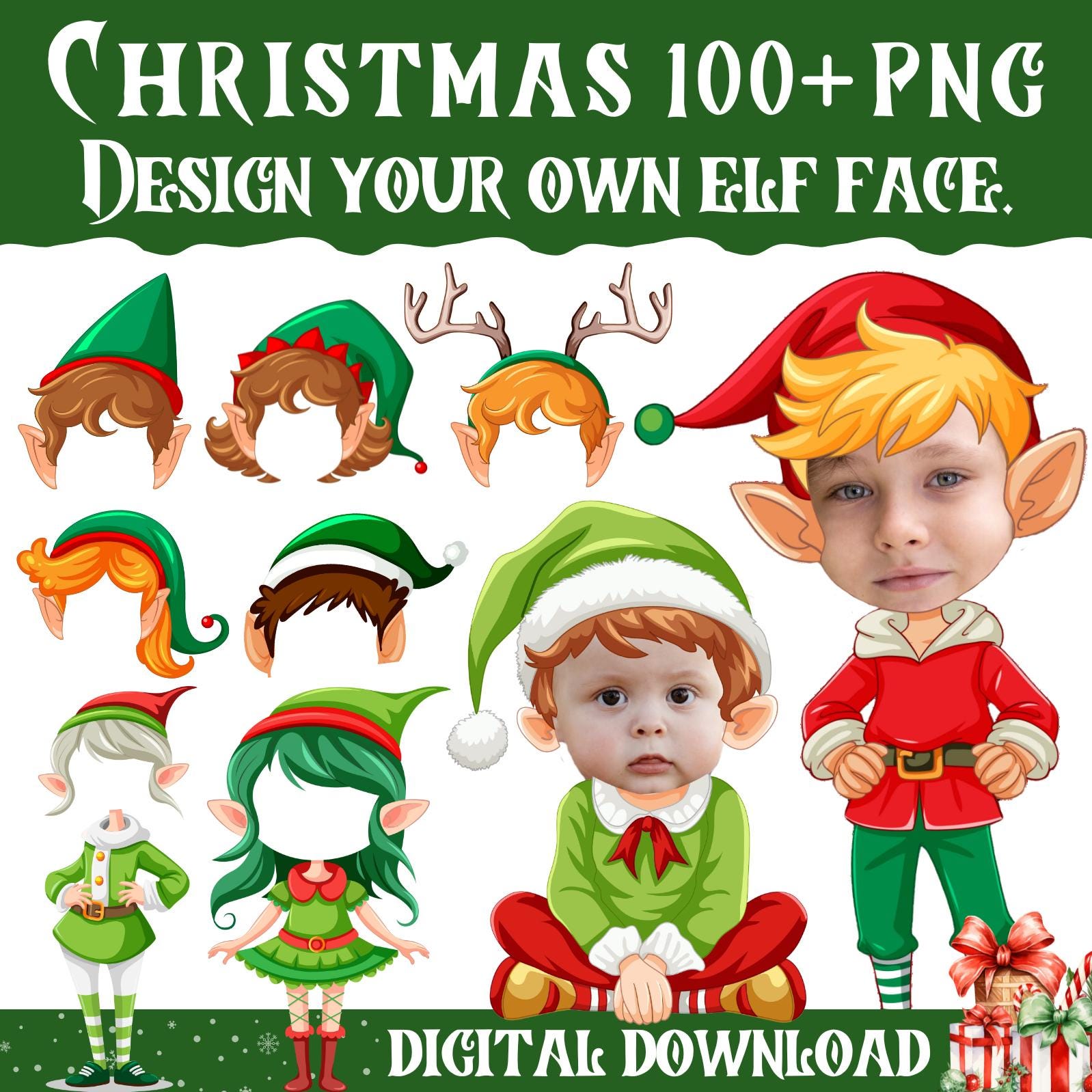 100+ Christmas Add Your Own Photo Elf Yourself PNG Bundle | DIY Elf Face Templates for Kids & Family Crafts | Fun Holiday Decor And Gifts