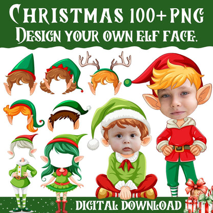 100+ Christmas Add Your Own Photo Elf Yourself PNG Bundle | DIY Elf Face Templates for Kids & Family Crafts | Fun Holiday Decor And Gifts