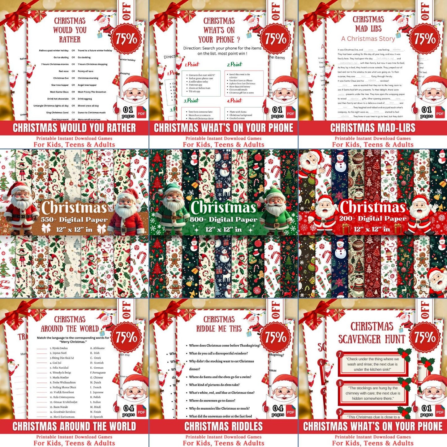Christmas Mega Bundle PLR MRR | 250+ Games, 2200+ Clipart, Digital Paper, Ornaments, Tumbler Wraps | Printable Holiday Party Pack Set