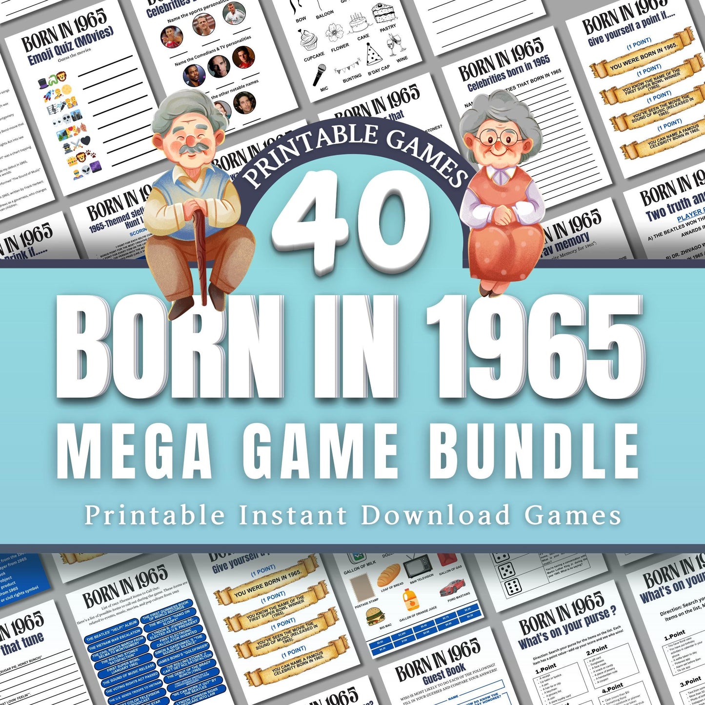 60th Birthday Games Bundle, Born in 1965 Party Games, Fun Printable Activities for Adults & Family, 60th Celebration Trivia and Icebreakers
