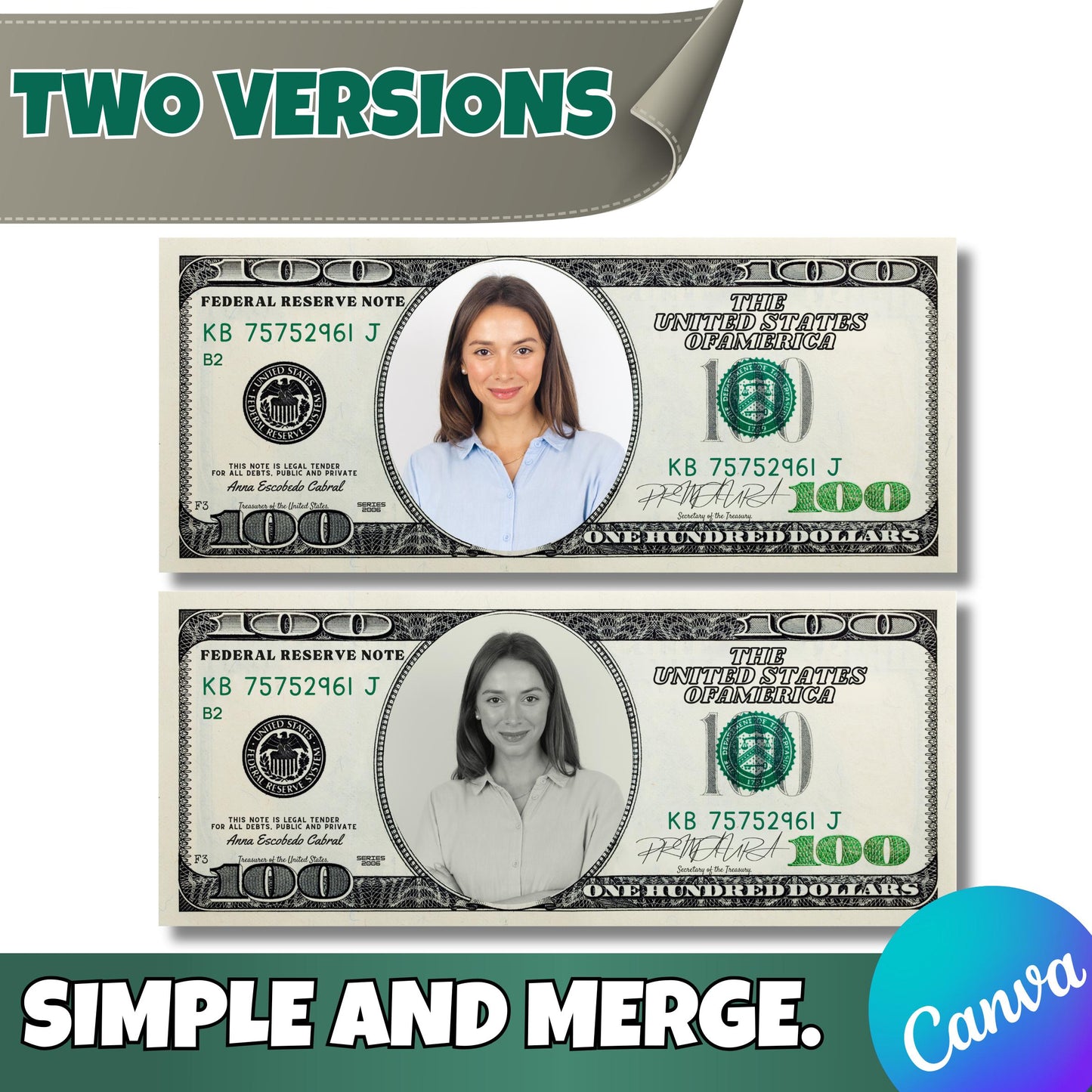 Custom 100 Dollar Bill Canva Template | Add Your Face & Text | Funny Editable Gift | Printable Money Prop for Birthday, Graduation | More