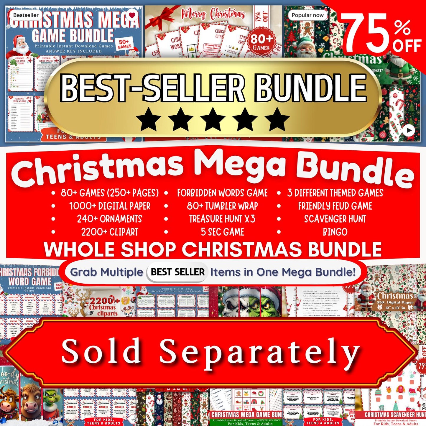 Christmas Game Mega Bundle PLR MRR | 50+ Printable Games for Kids & Adults | Bingo, Mad Libs, Scavenger Hunt | Fun Holiday Party Kit