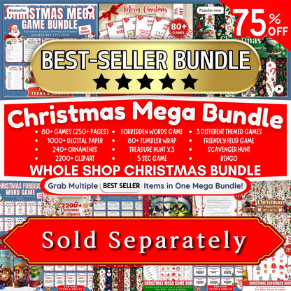 Christmas Game Mega Bundle PLR MRR | 50+ Printable Games for Kids & Adults | Bingo, Mad Libs, Scavenger Hunt | Fun Holiday Party Kit