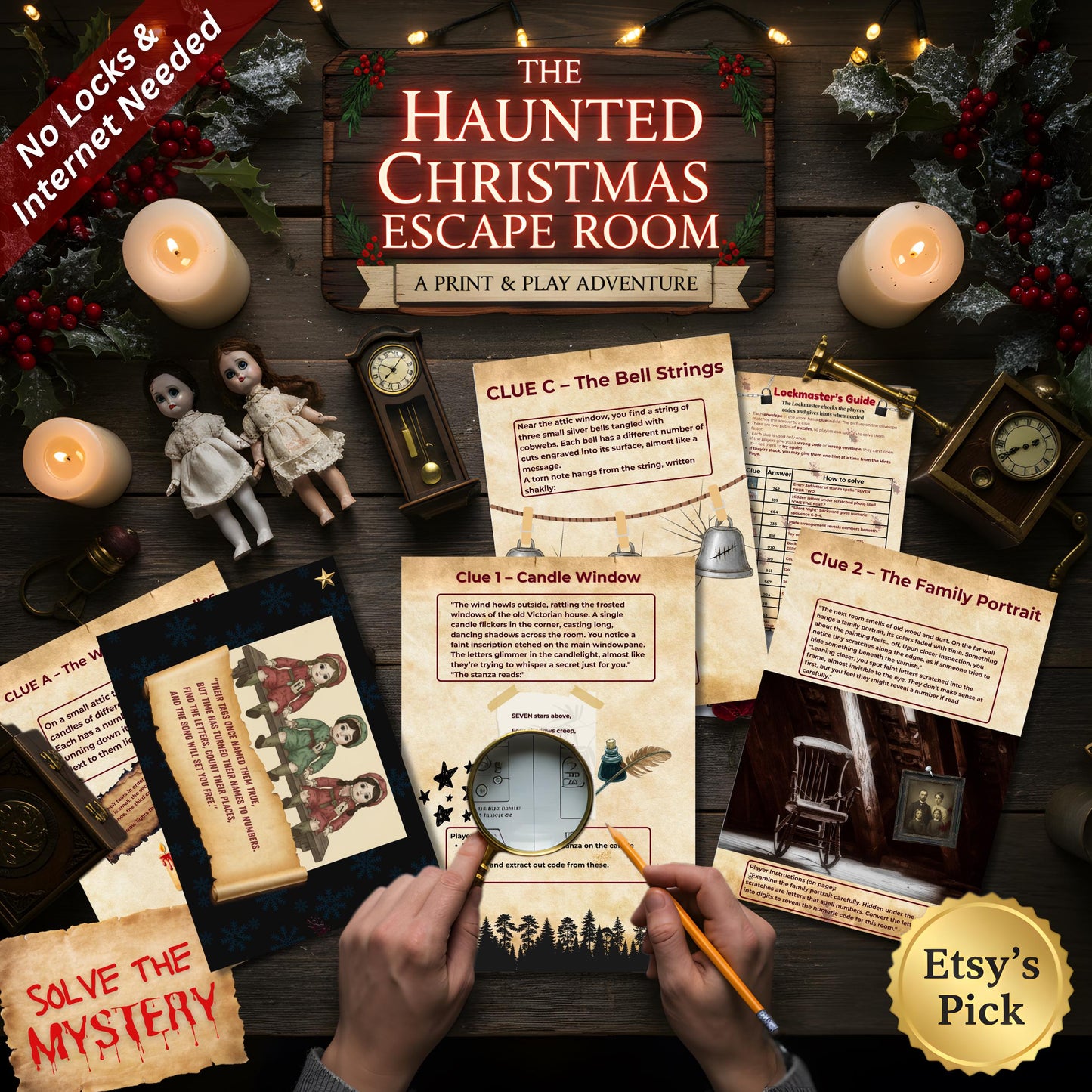 Printable Spooky Christmas Escape Room Game | Haunted Holiday Mystery Puzzle | DIY for 1–6 Players – Fun Family Activity – No Locks Needed