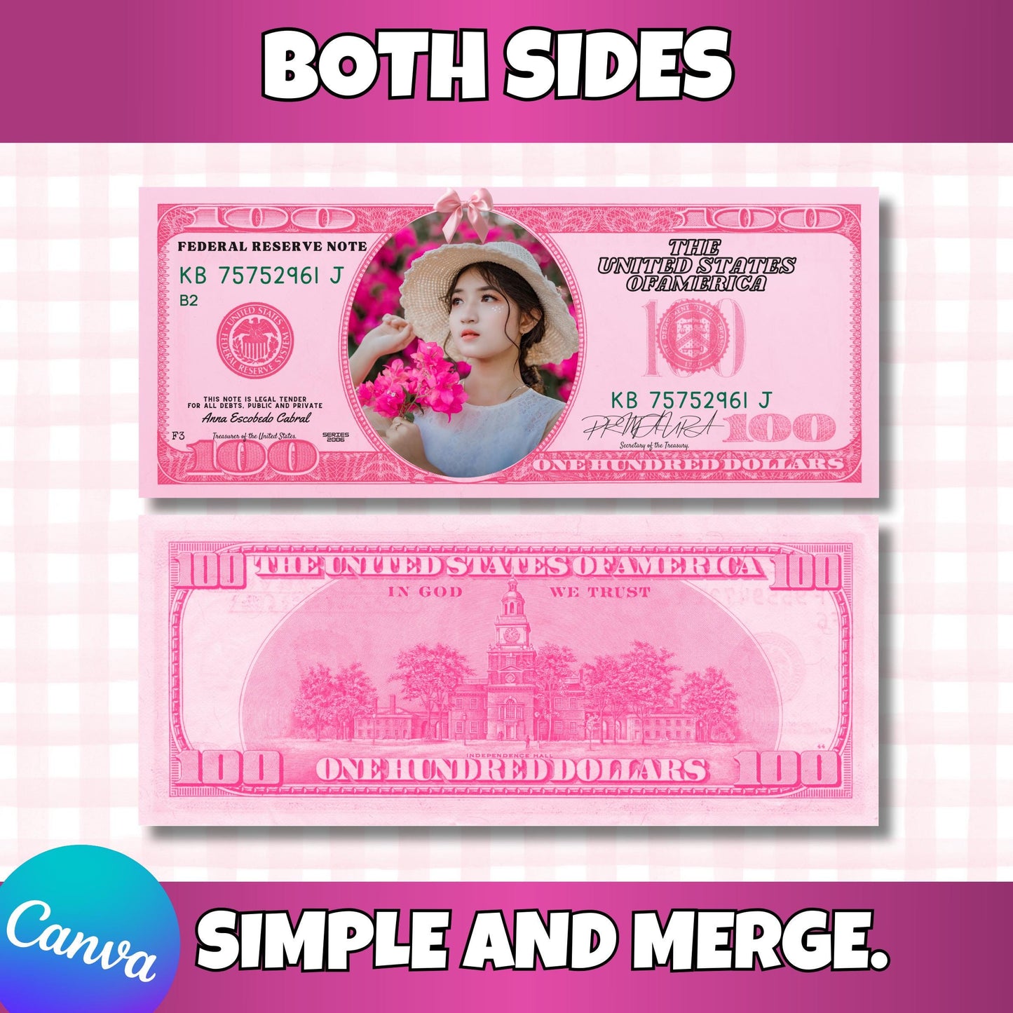 Personalized Pink 100 Dollar Bill Canva Template – Add Your Face – Editable Printable Prop Money, Both Sides, Party Favor | Instant Download