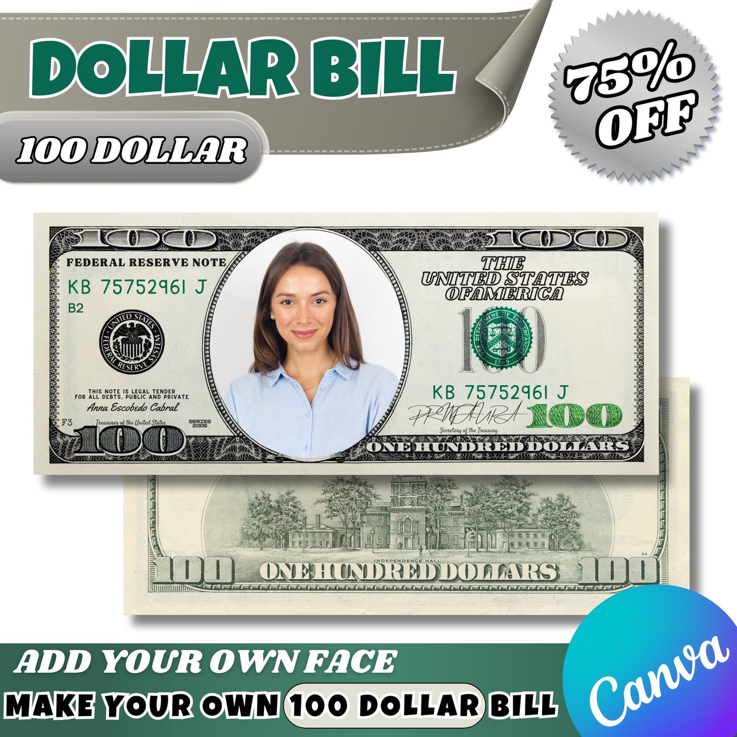 Custom 100 Dollar Bill Canva Template | Add Your Face & Text | Funny Editable Gift | Printable Money Prop for Birthday, Graduation | More