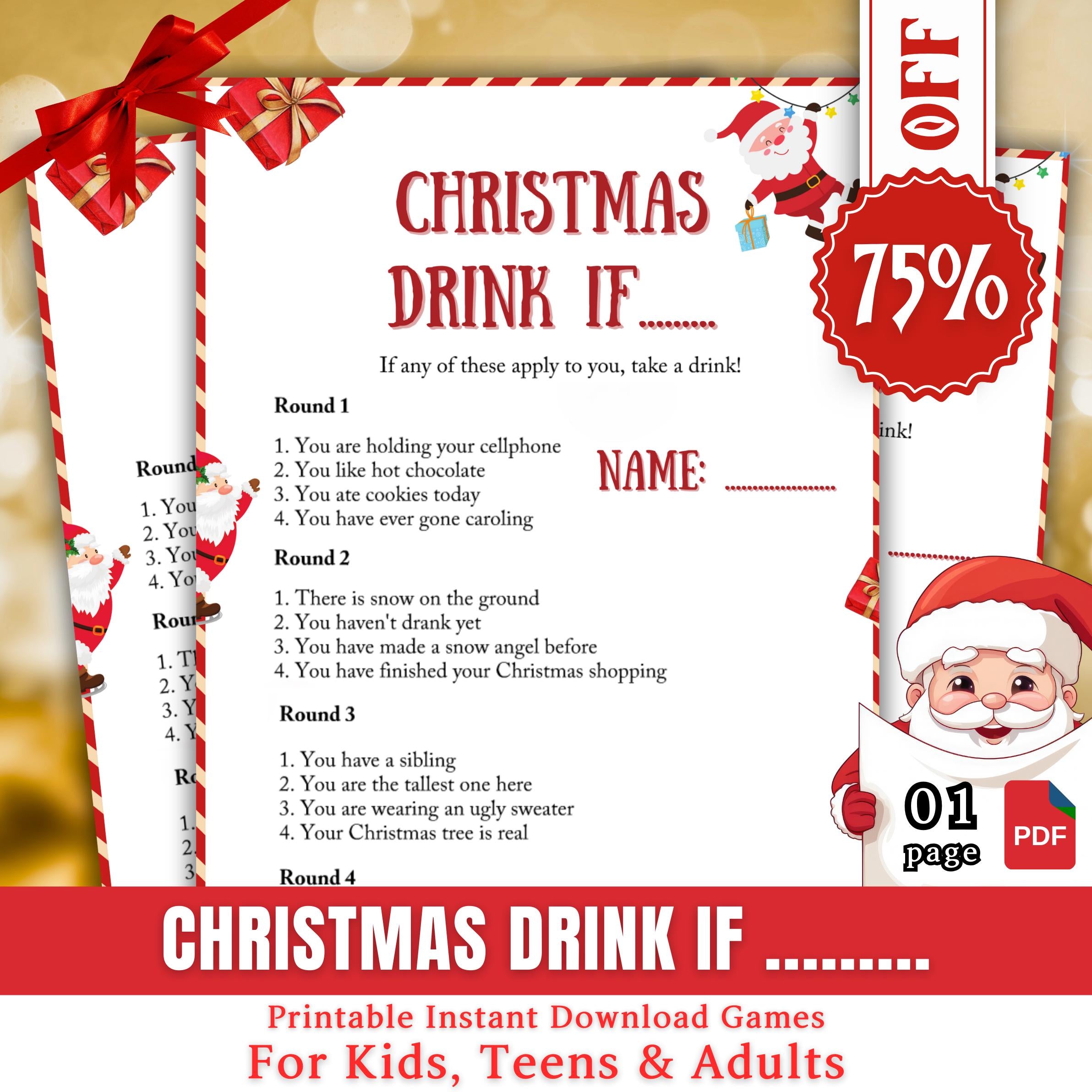 Christmas Drink if Game, Christmas Printable Game For Family And Office Activity, Games For Adults Party, Xmas Fun, Festive Holiday Fun Pdf