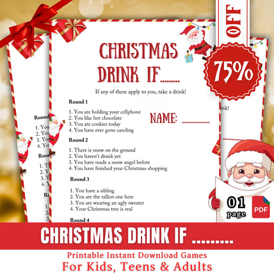 Christmas Drink if Game, Christmas Printable Game For Family And Office Activity, Games For Adults Party, Xmas Fun, Festive Holiday Fun Pdf