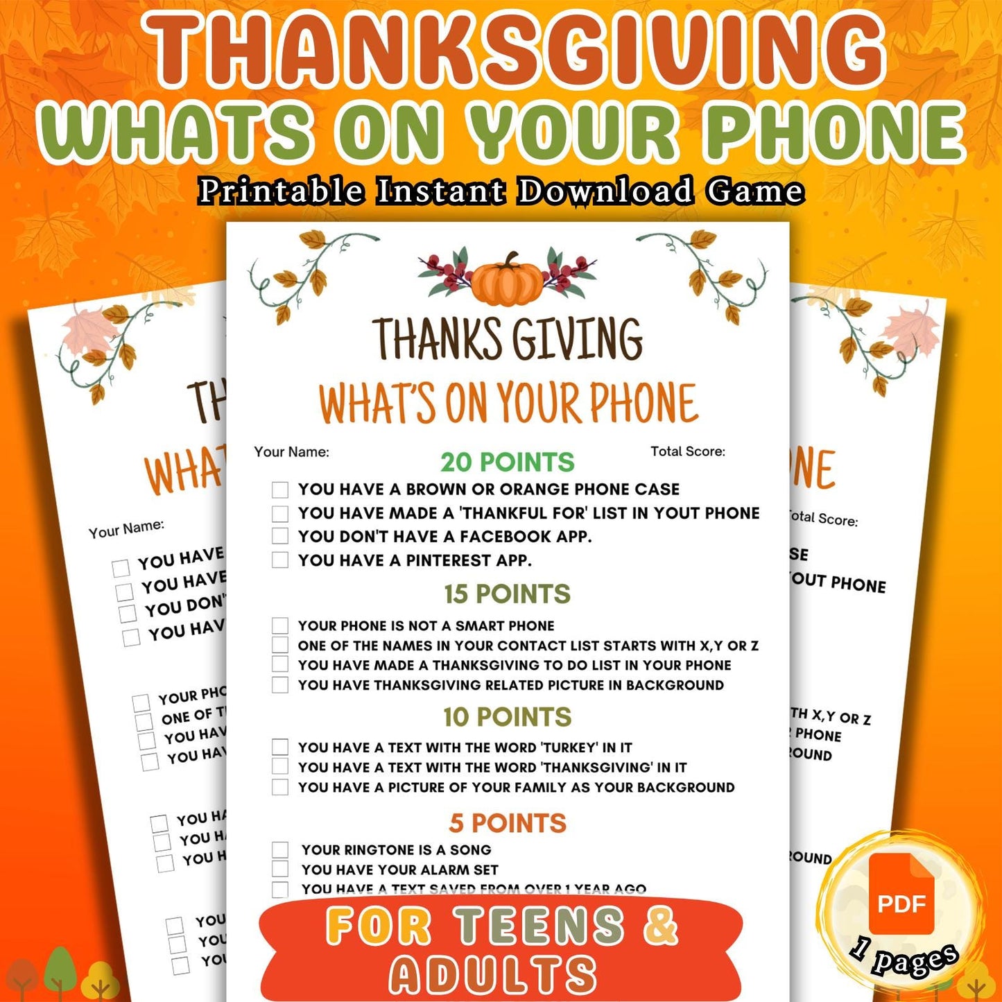 Thanksgiving What's On Your Phone Game, Friendsgiving Printable Game, Fall Group Game For Kids, Teens & Adults, Office Party Game Pdf