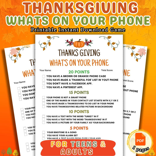 Thanksgiving What's On Your Phone Game, Friendsgiving Printable Game, Fall Group Game For Kids, Teens & Adults, Office Party Game Pdf