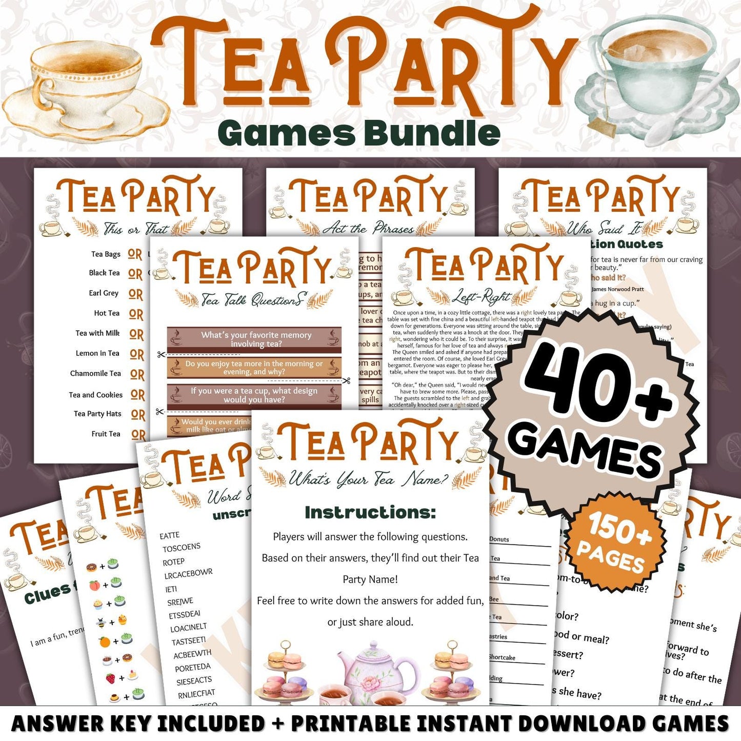 Tea Party Games Super Bundle | 50+ Printable Activities for Garden, Bridal & Ladies Tea Party | Trivia, Riddles, Icebreakers, Office Party