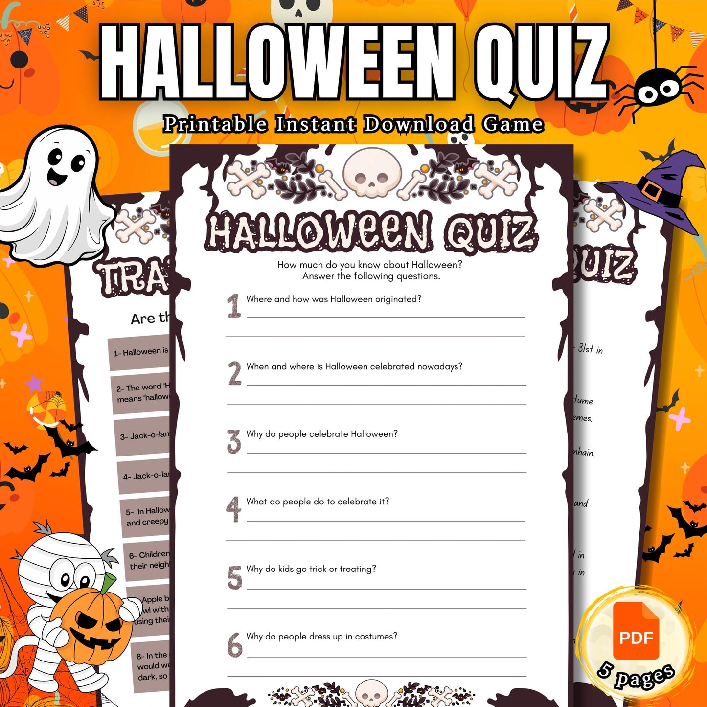 Halloween Quiz Game | Trivia Challenge | Printable Quiz with True/False, Multiple Choice & Answer Key | Perfect for Parties | Classroom Fun