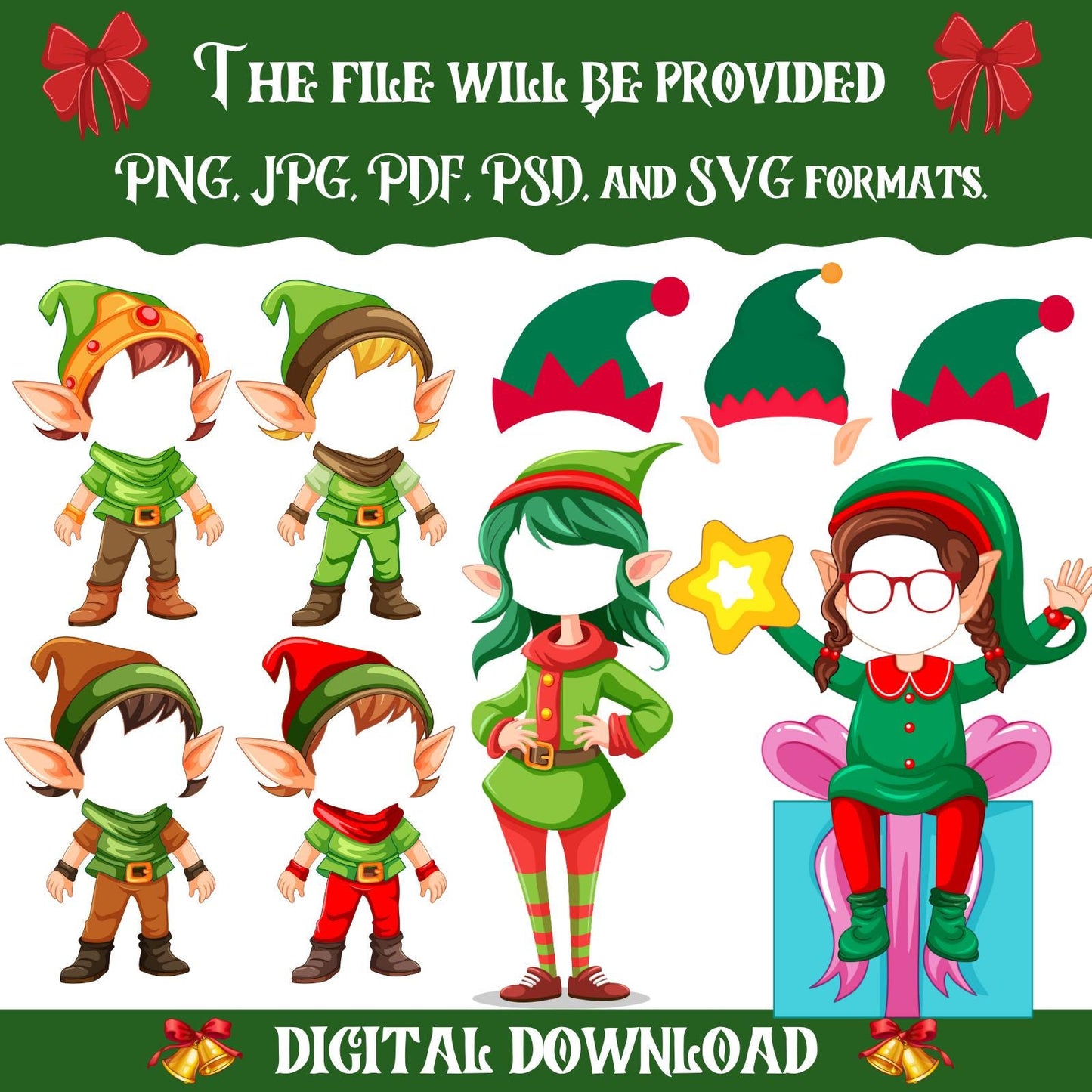 100+ Christmas Add Your Own Photo Elf Yourself PNG Bundle | DIY Elf Face Templates for Kids & Family Crafts | Fun Holiday Decor And Gifts