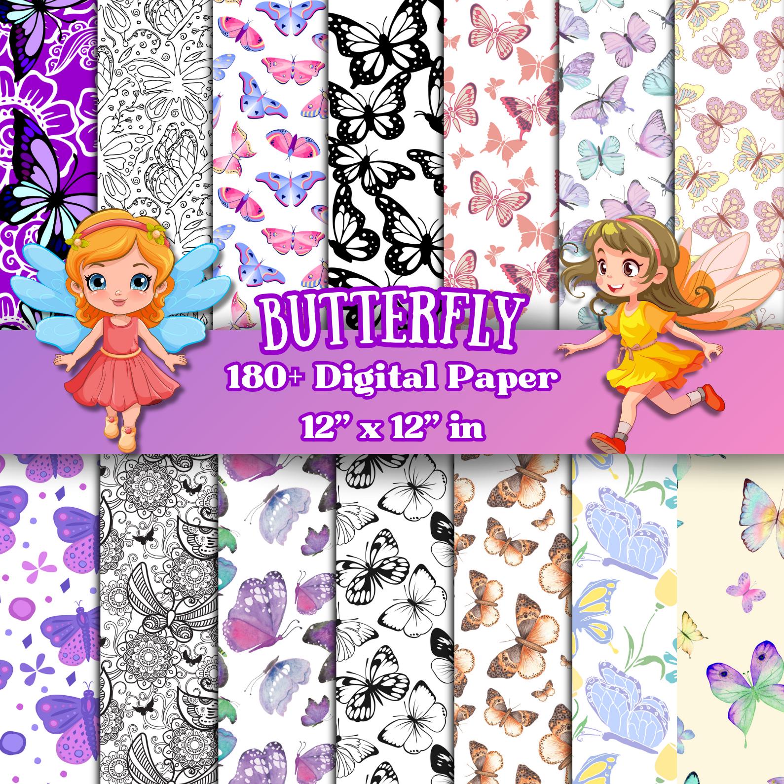 Butterfly Digital Paper Bundle 12x12 | 180+ Seamless Watercolor And Line Art Patterns, Pastel Scrapbooking & Crafting DIY  Instant Download