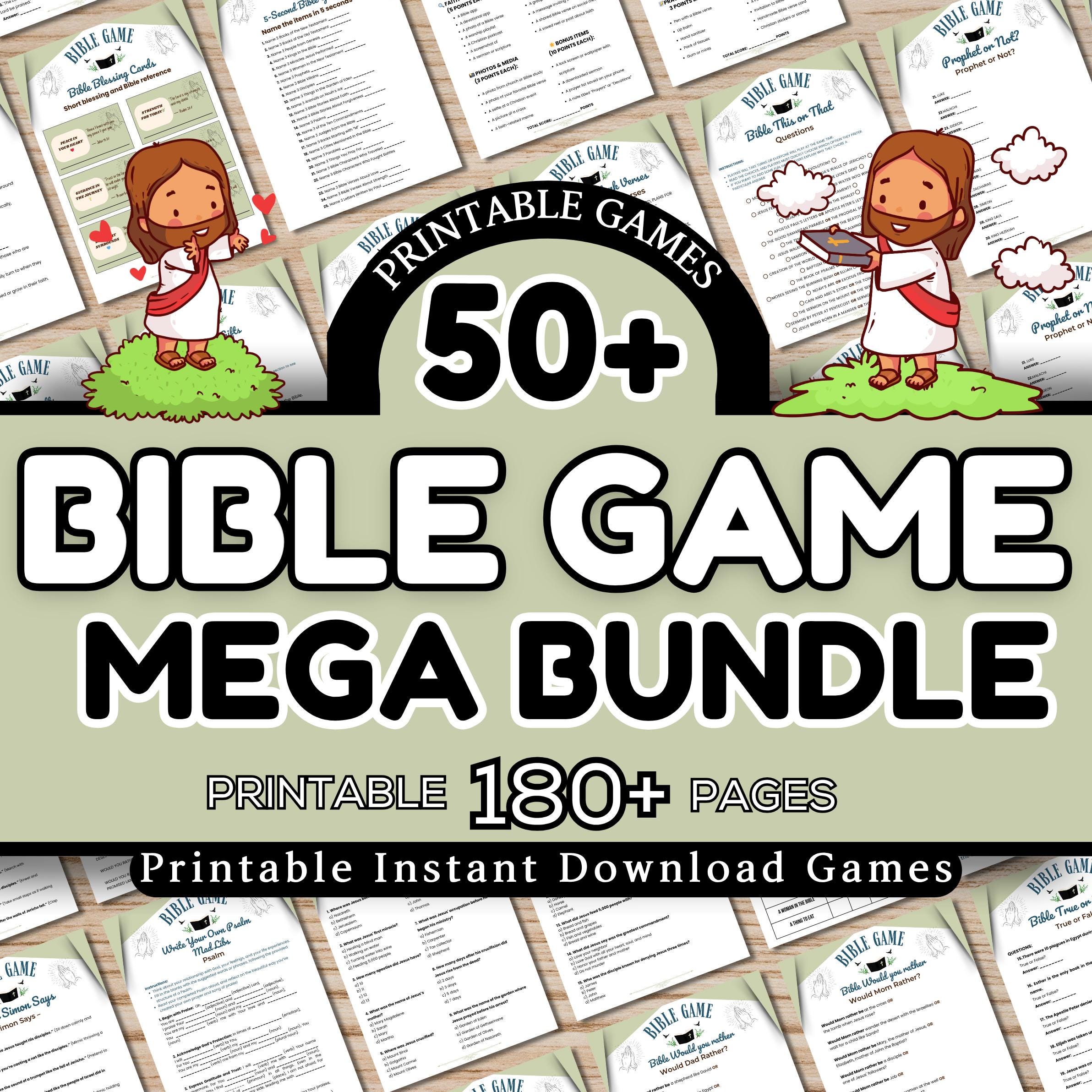 Bible Games Mega Bundle Printable – 50+ Fun Christian Activities for Kids & Adults | 180+ Pages PDF for Church, Family, Sunday School
