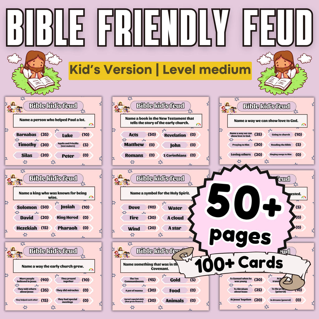 Bible Family Feud Game for Kids – Medium Level Printable Bible Trivia | 100+ Cards for Sunday School, Homeschool | Church | A4 & US Sizes