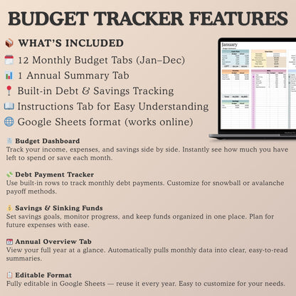 Google Sheets Budget Planner | Annual + Monthly Tracker Template | Digital Finance Dashboard + Debt, Savings & Expense Log + Free Ebook