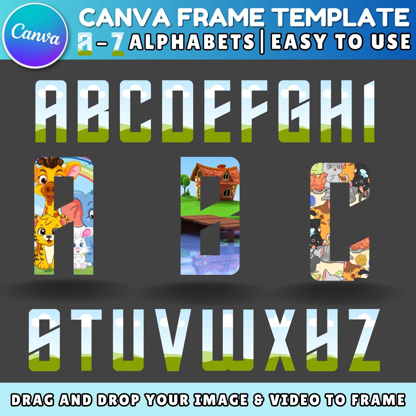 Editable Canva Frame Alphabet Template | Fill Your Own Font PNG | Sublimation Letters for Kids & Women Shirts | Digital Download