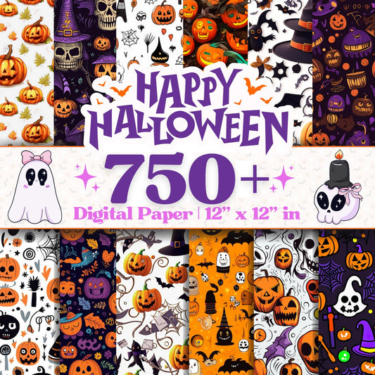 Halloween Digital Paper Bundle 750+ | 12x12 Seamless Patterns – Pumpkins Ghosts Skulls Witches | Printable Scrapbook & Sublimation | Clipart