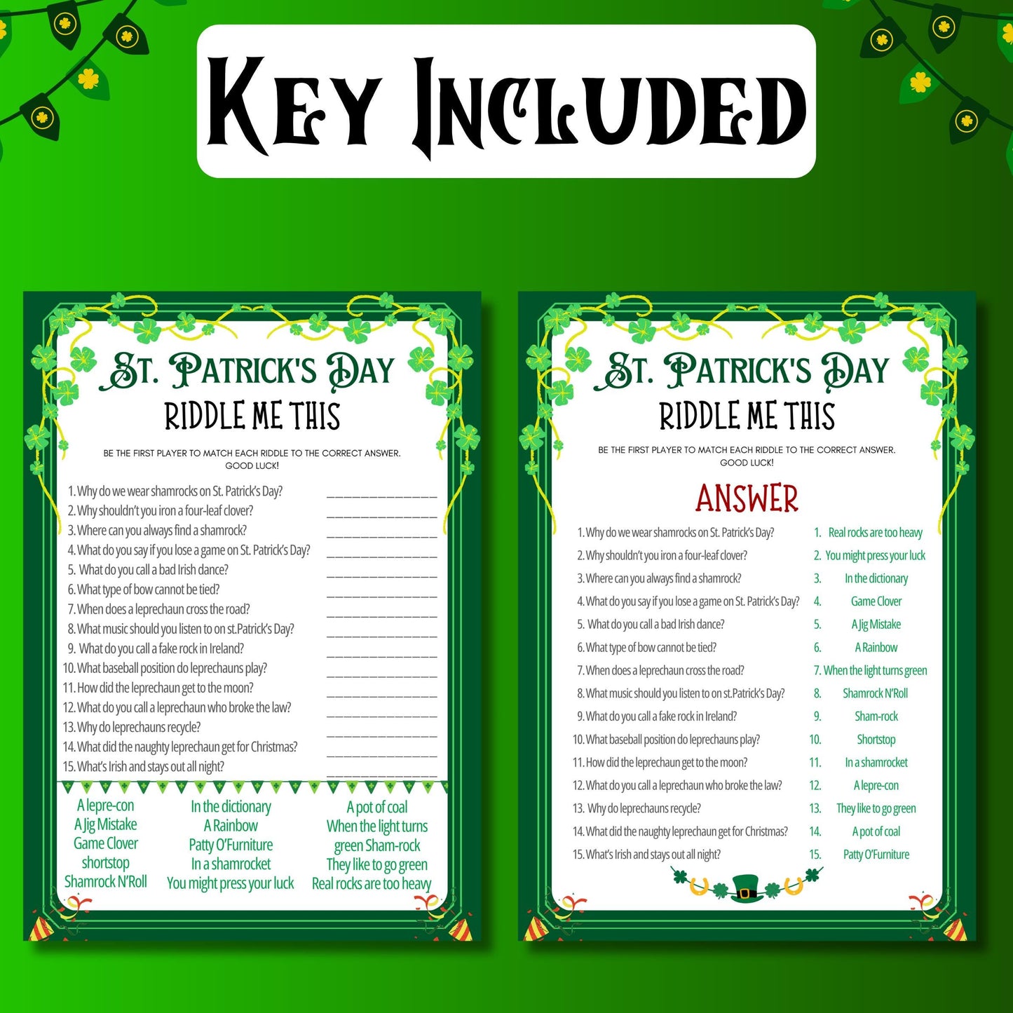 St. Patrick's Day Riddle Me This Game | Printable Trivia, Party Game for Kids & Adults | Fun St. Paddy's Day Activity | St. Patrick's Game